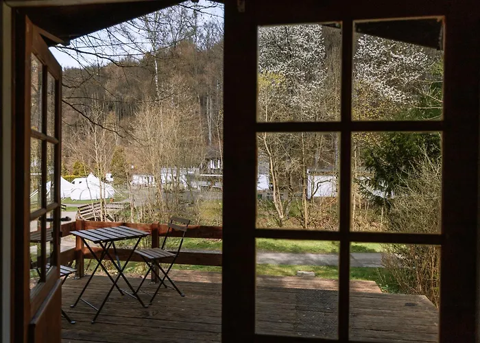 Blockhütte auf Naturcampingplatz im Wald